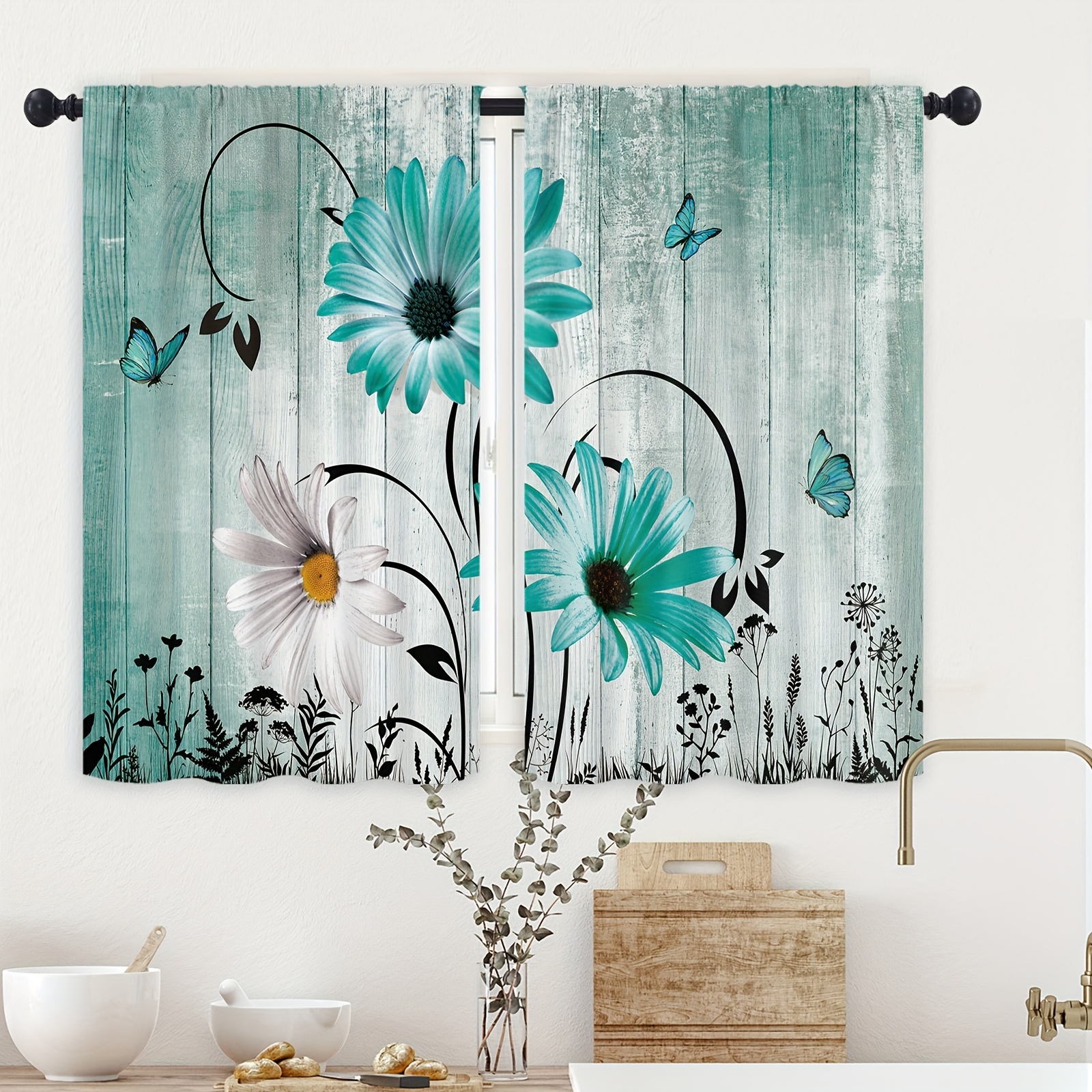 

2pc Daisy Farmhouse Rustic Kitchen Curtains Tiers Teal Vintage Plant Botanical Flower Floral Pattern Small Short Cafe Window Curtains Window Treatment Living Room Home Decor, 27.5inchx39inch