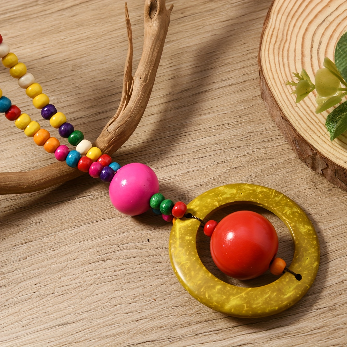 Boho Vintage Style Handcrafted Beaded Necklace with Wooden Pendant