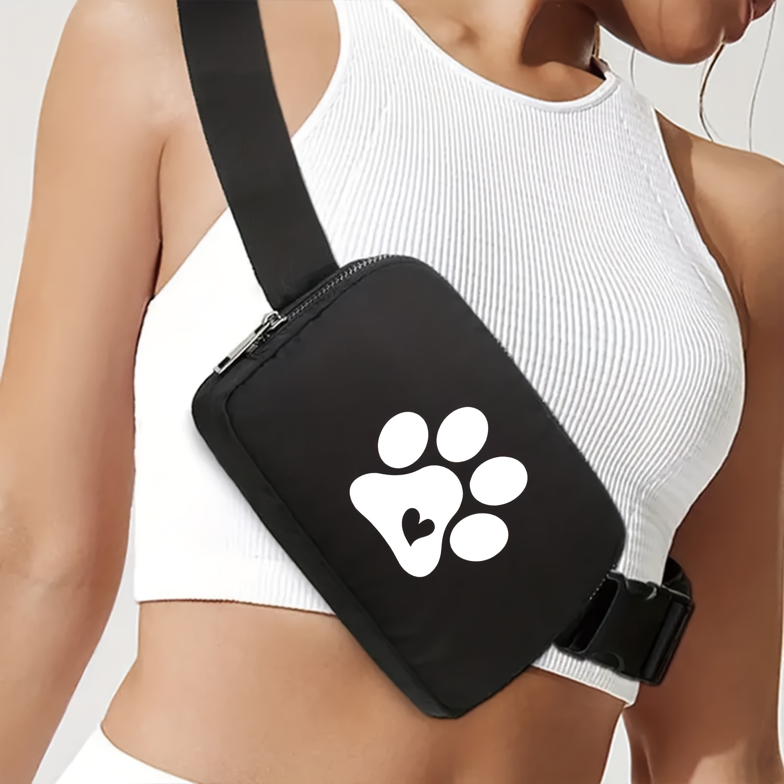 

1pc Black Casual Nylon Fanny Pack With Paw Heart Print, Adjustable Shoulder Strap, Waterproof Zippered Waist Bag With Polyester For Outdoor Sports And