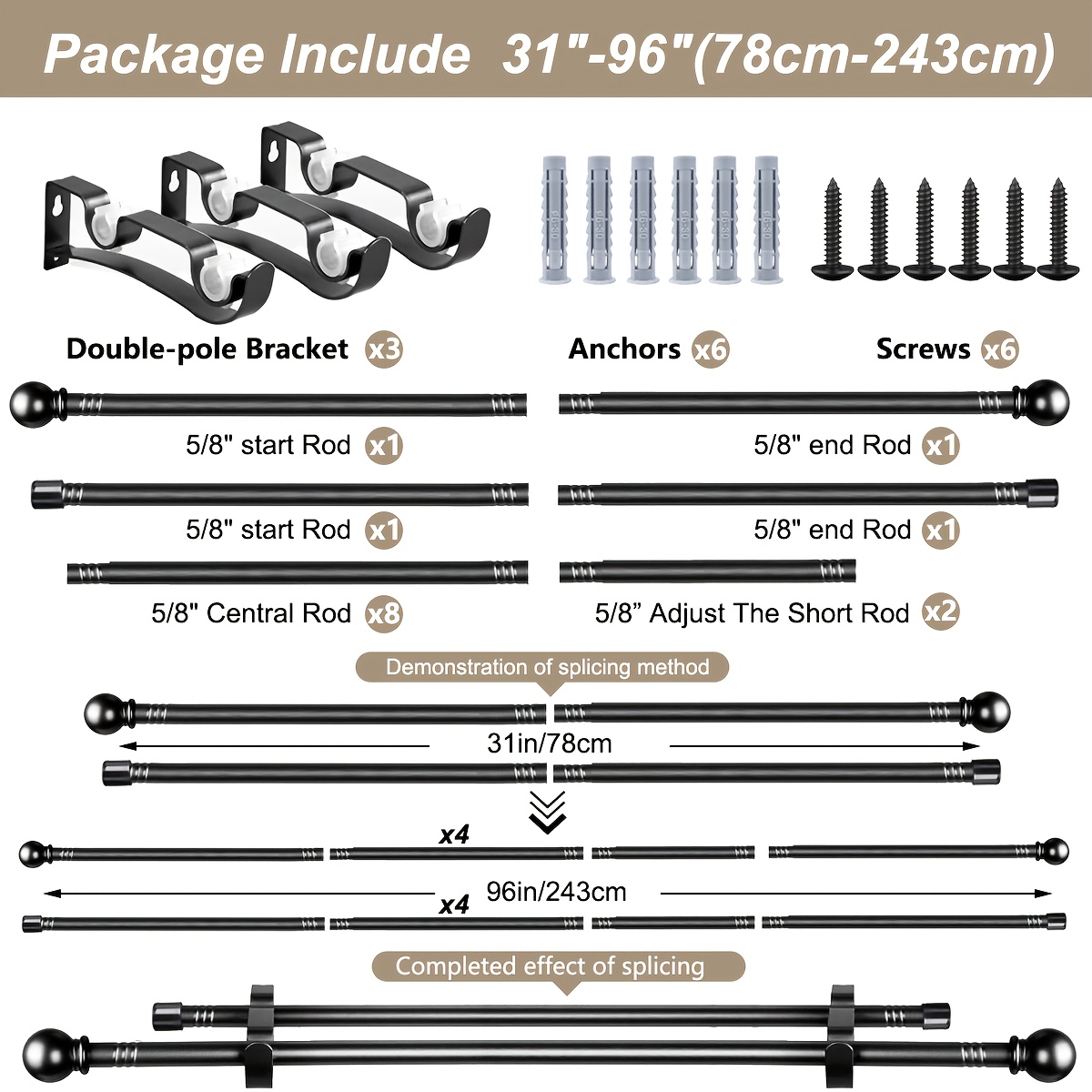 TEMU 1 Lot de à Rideaux Réglables Robustes, Longueur de 31,5 à 158 Pouces, Diamètre de 0,98 Pouces, Faciles à Utiliser et à Installer, Plusieurs
