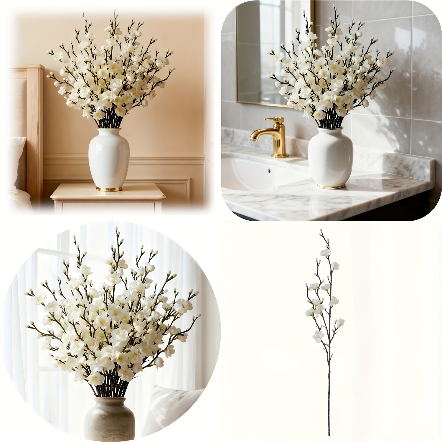 TEMU 7 Elegant White Artificial Plum Branches, Festive Floral Decor, Realistic Long-stem Faux Flowers. Suitable For Home, Office, Wedding, And Party