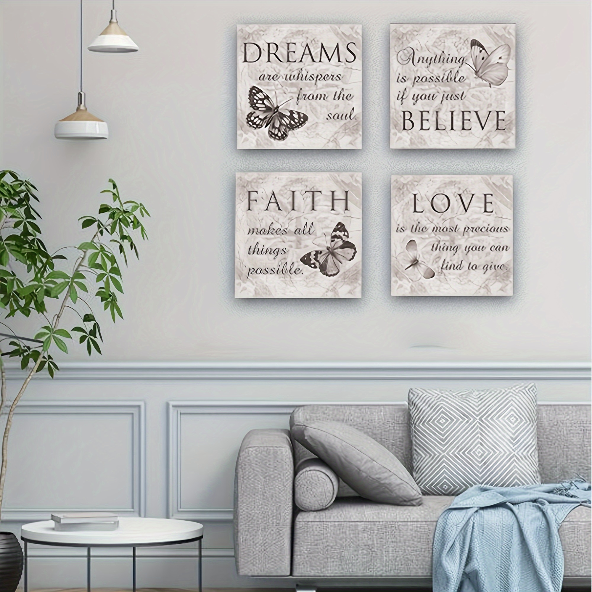 

4 Pcs Framed Grey Butterfly Inspiartional Wall Decor Love Faith Believe Dreams Prints Posters Gallery Wrapped Ready To Hang Living Room Bedroom Bathroom Wall Decoration Ready To Hang