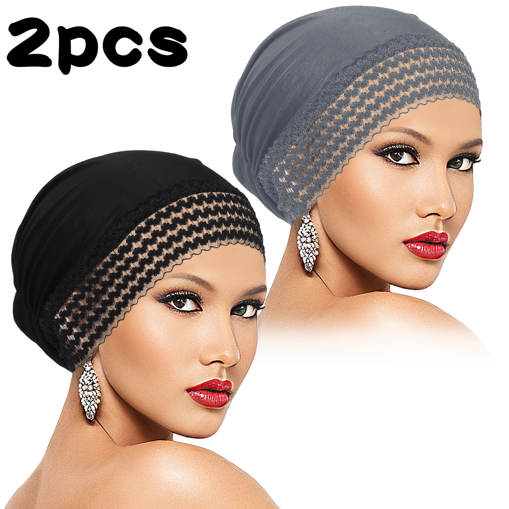 TEMU 2pcs Women' Color Turbans, Upgraded Lace Trim, Stylish Multifunctional Bottom Hat, Casual, Lightweight And Comfortable Daily Hat