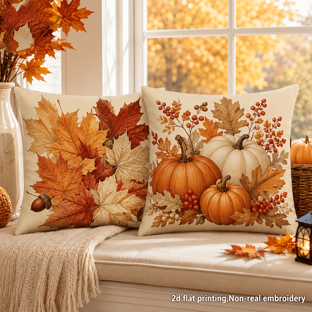 TEMU 2pcs Set 2d Printing Autumn Warm Brown Maple Leaf Pumpkin Berry Decorative Pillowcases, Suitable For Bedroom, Sofa, Living Room, Car Decoration,