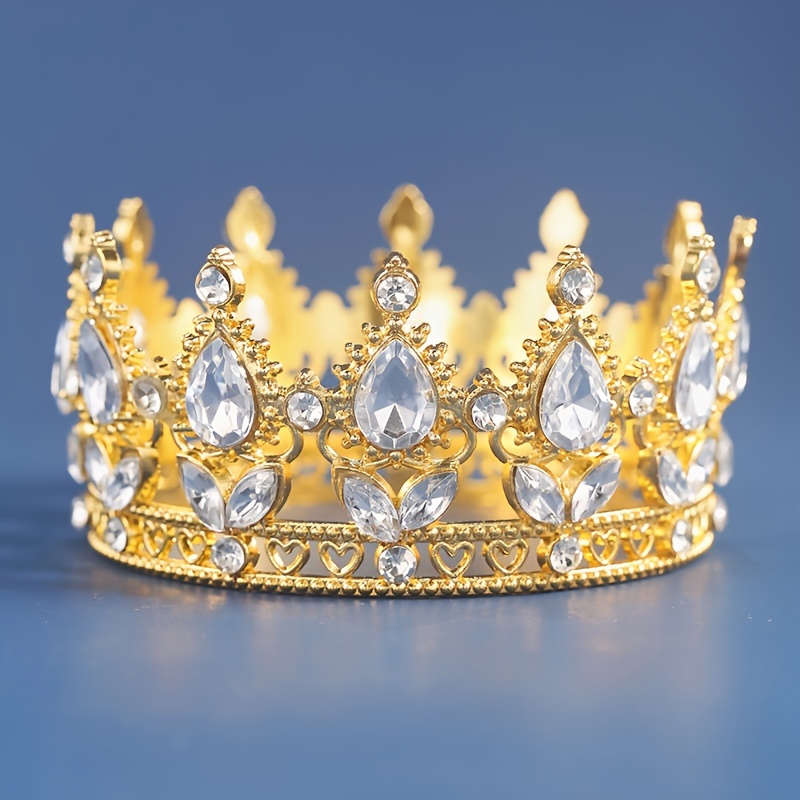 

1pc Birthday Crown, Golden Silvery Bride Wedding Tiara, Full Round Small Imitation Crystal Rhinestone Crown, Crown For Cake Topper, Birthday Tiara