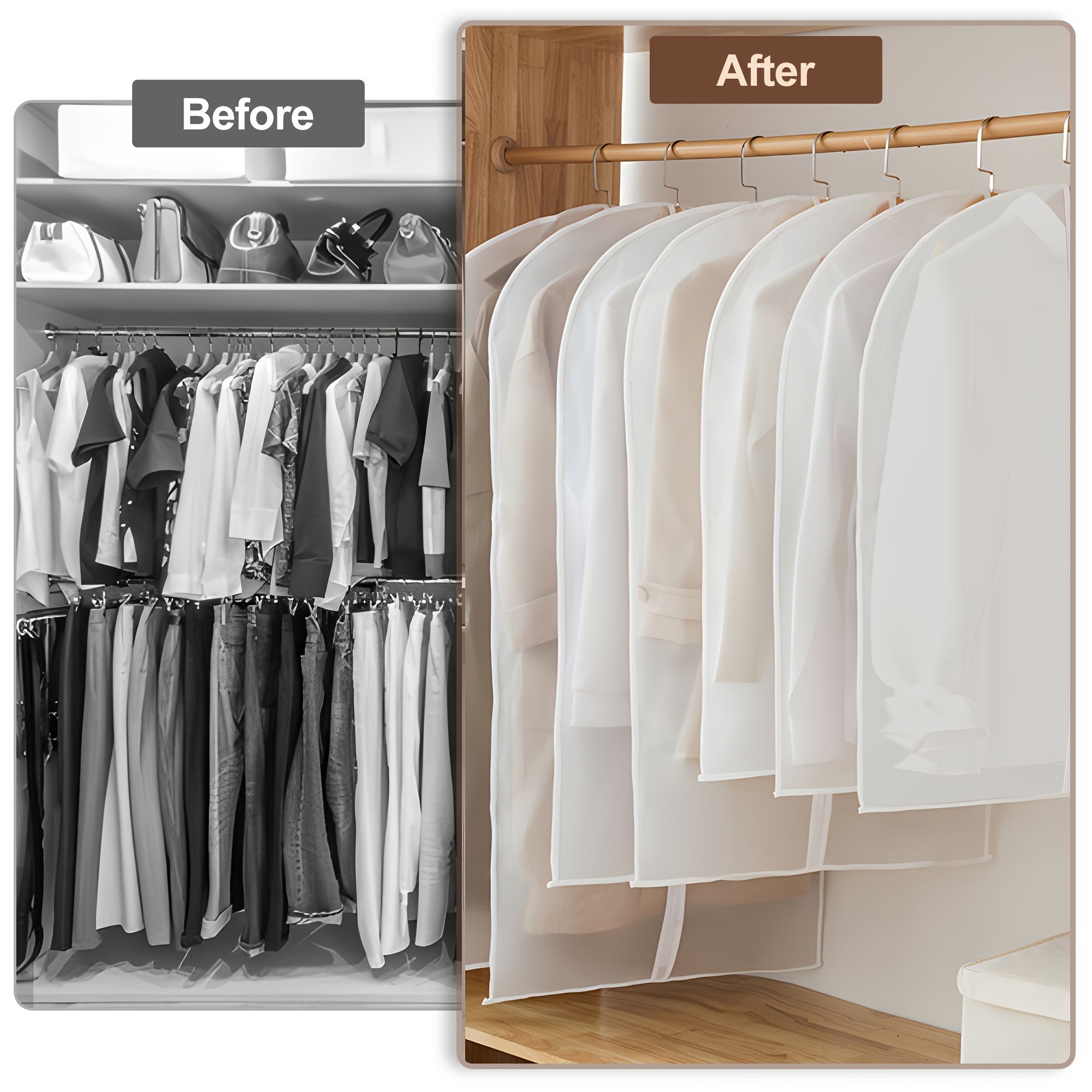 5pcs Zippered Garment Bags - Transparent PEVA Dustproof Clothing Covers with Hanging Hooks for Suits, Coats & Delicate Fabrics, Closet Organization & Travel Storage, Clothes Organizer Storage