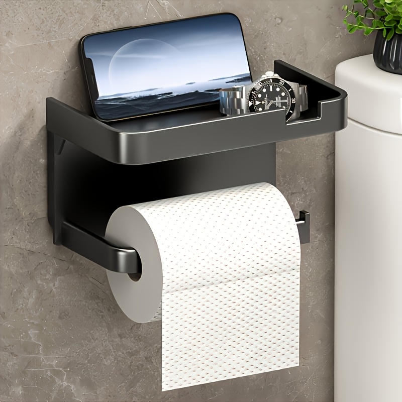 Image of 1pc -mounted Toilet Paper Holder With Shelf - Self-adhesive Smooth Plastic Paper Box, With Storage Rack, For Bathroom Additions, Hotel And Home Use