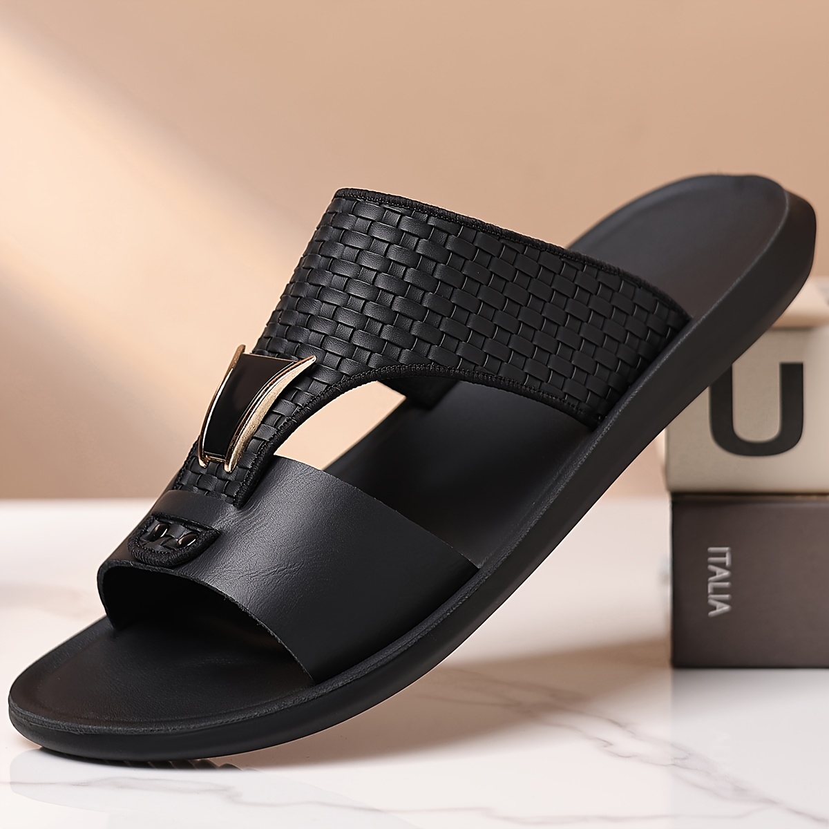 TEMU Men's Woven Slide Sandals - Straps, Metal Accent & Cutout Detail, Lightweight Footwear For Daily Casual, Beach & Poolside Wear