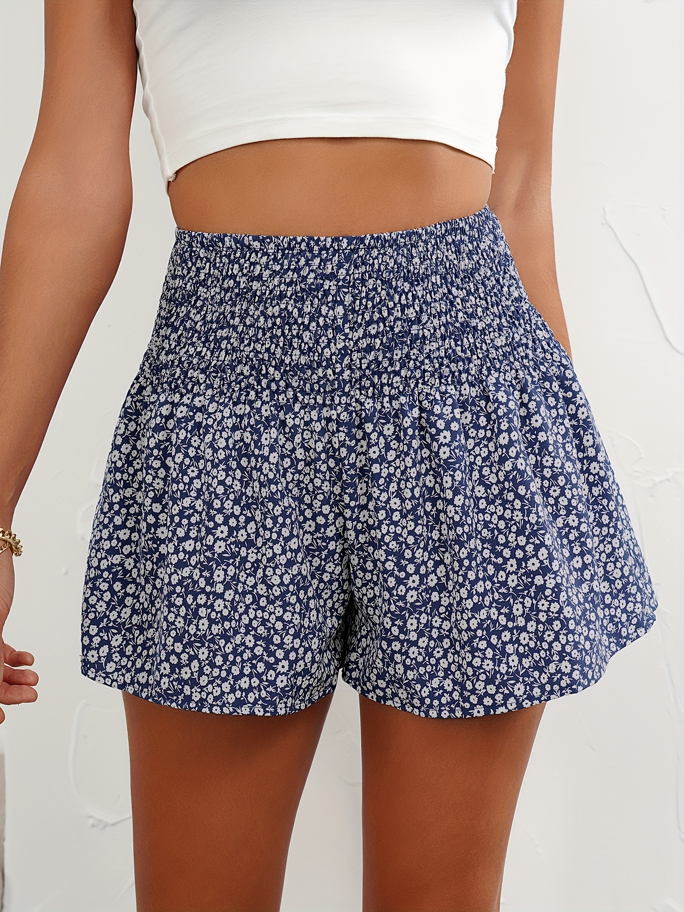 Women's High-Waisted Floral Print Shorts - Black & White Ditsy Pattern, Ruffled Hem, Stretchy & Comfortable Summer Fashion, Hand Wash Only, High Waisted Shorts