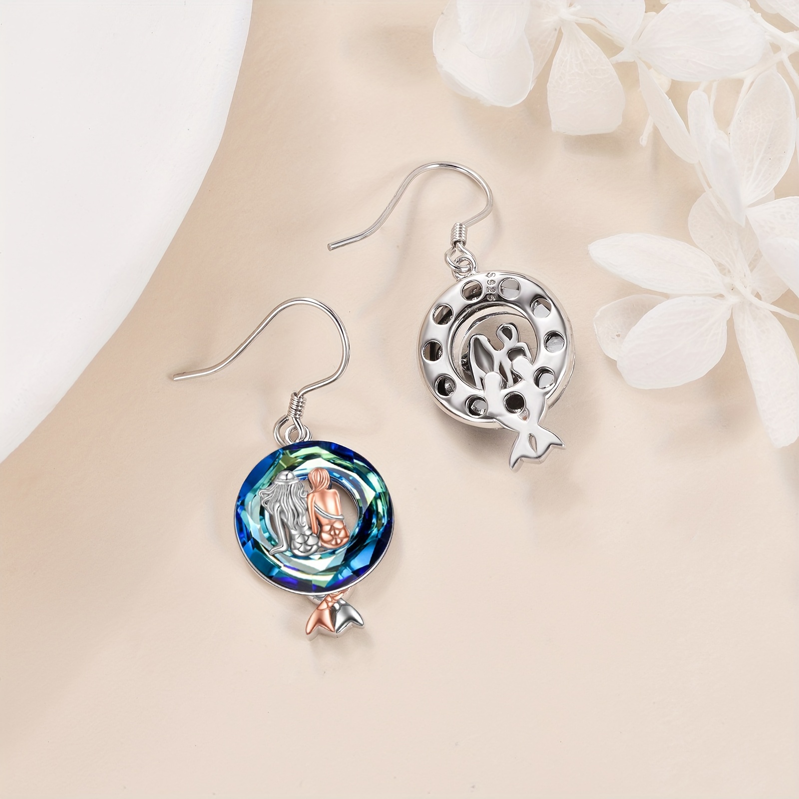 Women's Mermaid Earrings, Sterling Silver Crystal Gift