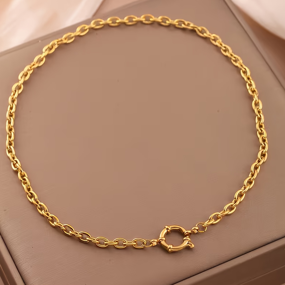 TEMU A 18k Gold-plated Stainless Steel Rectangular Necklace With Spring Clasp - Versatile Minimalist Jewelry For Men And Women, High-end Accessory