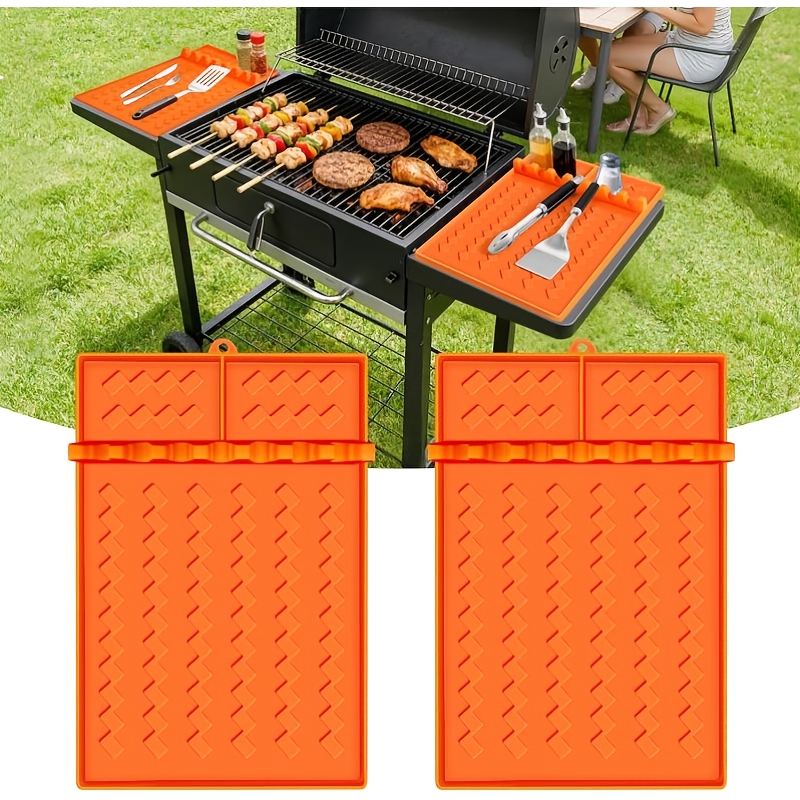 Image of 2 Pack Silicone Grill Mat Compatible, Silicone Griddle Tools Mat With Drip Pad, 16.5" X 11.5" Side Shelf Spatula Mat For Griddle, Bbq Grill Additions For Outdoor Dad-orange