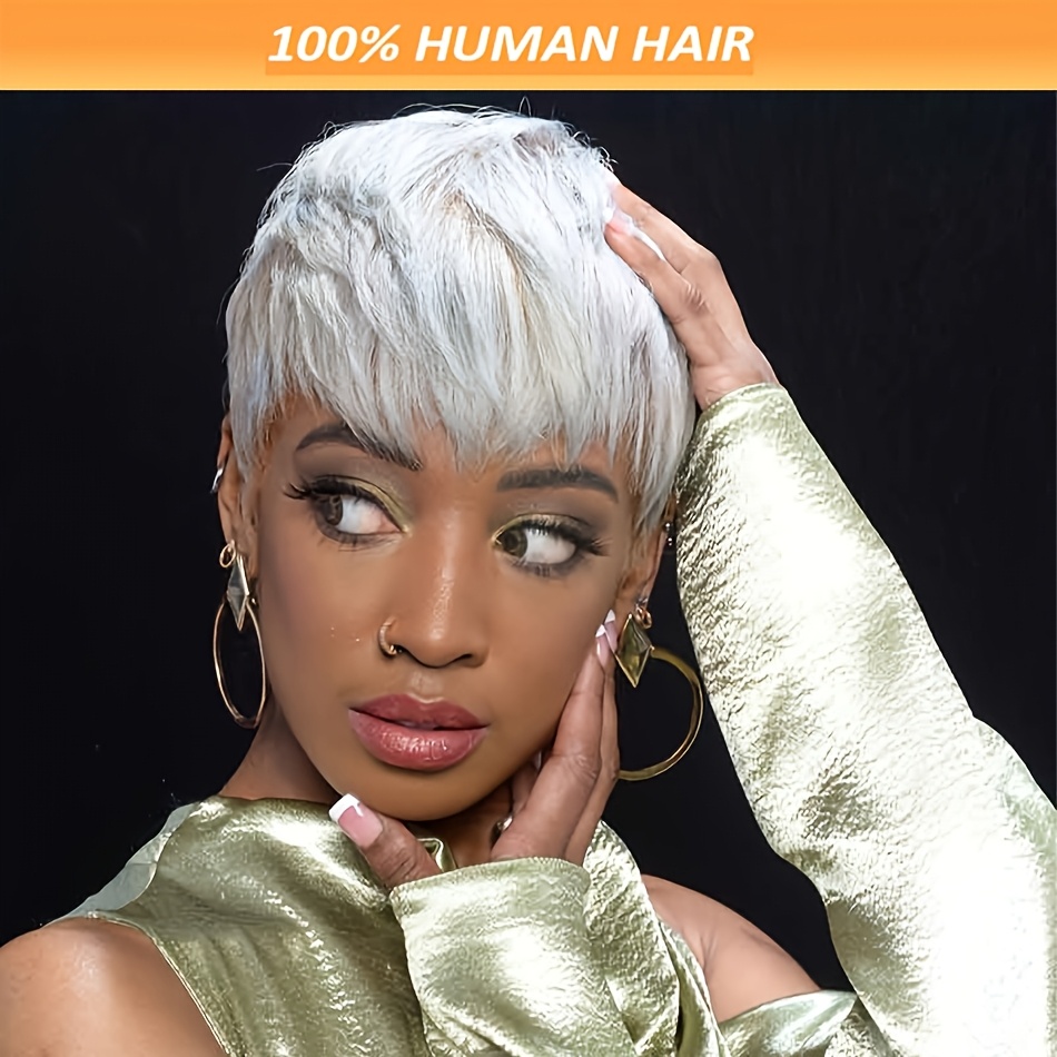 

Gray Layered Cut Wig Human Hair Straight Glueless Wigs For Women 4 Inch Gray Silvery Color Human Hair Wig With Bangs