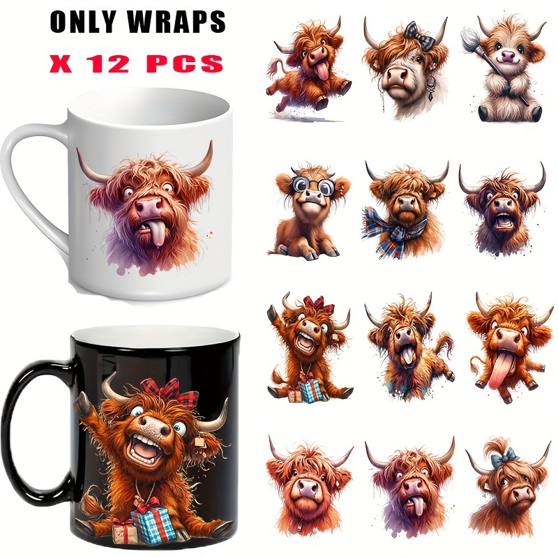 

12pcs Highland Cow Waterproof Vinyl Stickers - Cartoon Bull Decals With Designs (glasses, Bow Ties, Attire) For Diy Mugs, Cups & Gifts, Uv Printed Pvc, Self-adhesive,