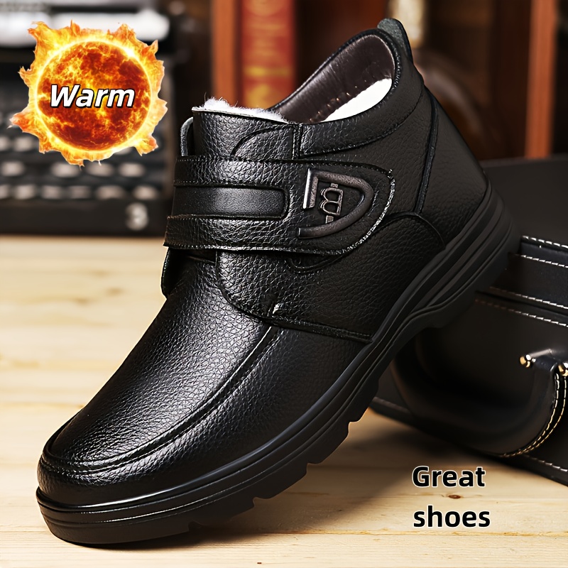 Image of Men's Autumn Winter New Genuine Leather Fleece Warm Shoes Outdoor Camping Non-slip Wear-resistant Soft Sole Casual Hook-and-loop Round Toe Large Size Fashion Snow Boots