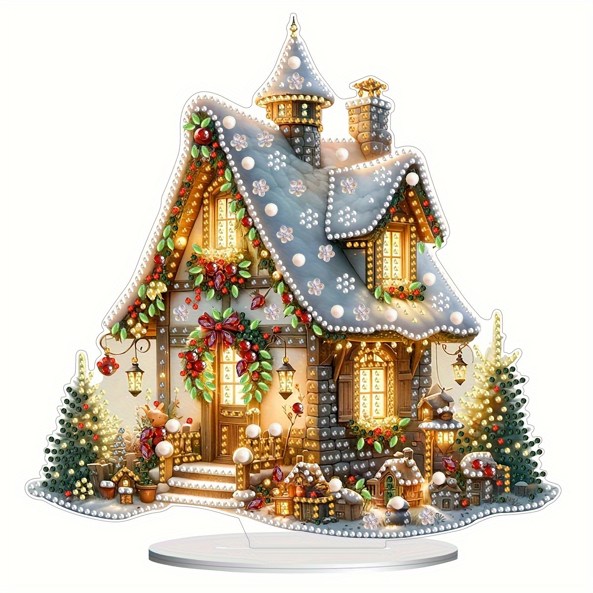 

5d Diy Diamond Painting Kit Christmas Cottage Decor, Cartoon Theme Acrylic Mosaic Art Craft With Irregular Diamonds, Festive Tabletop Ornament For Home Bedroom Decoration Gift