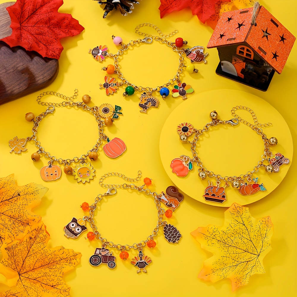 

4pcs Thanksgiving Charm Bracelet Set - Pumpkin, Sunflower, Maple Leaf, & Turkey Charms With Vintage - Alloy Autumn Jewelry Gift For Wife Or Daughter, Jewelry Set| Design| Bead