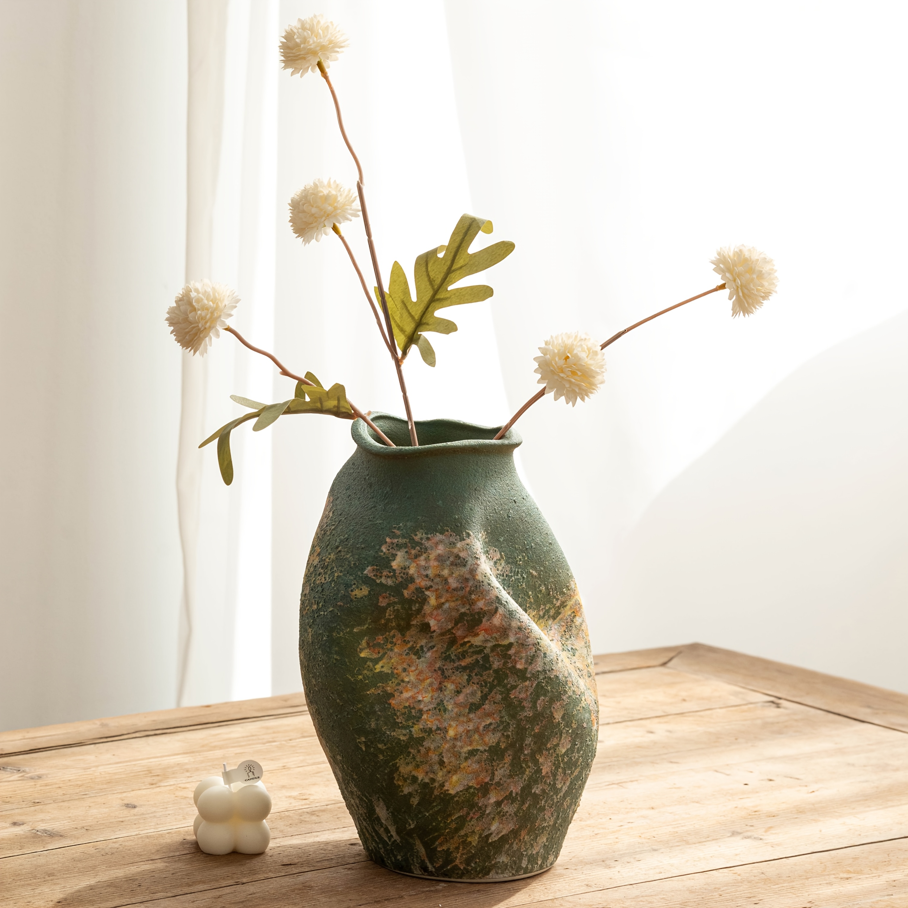 Vintage Green Textured Sculptural Ceramic Vase, with Unique Mottled Texture and Exquisite Artistic Design.