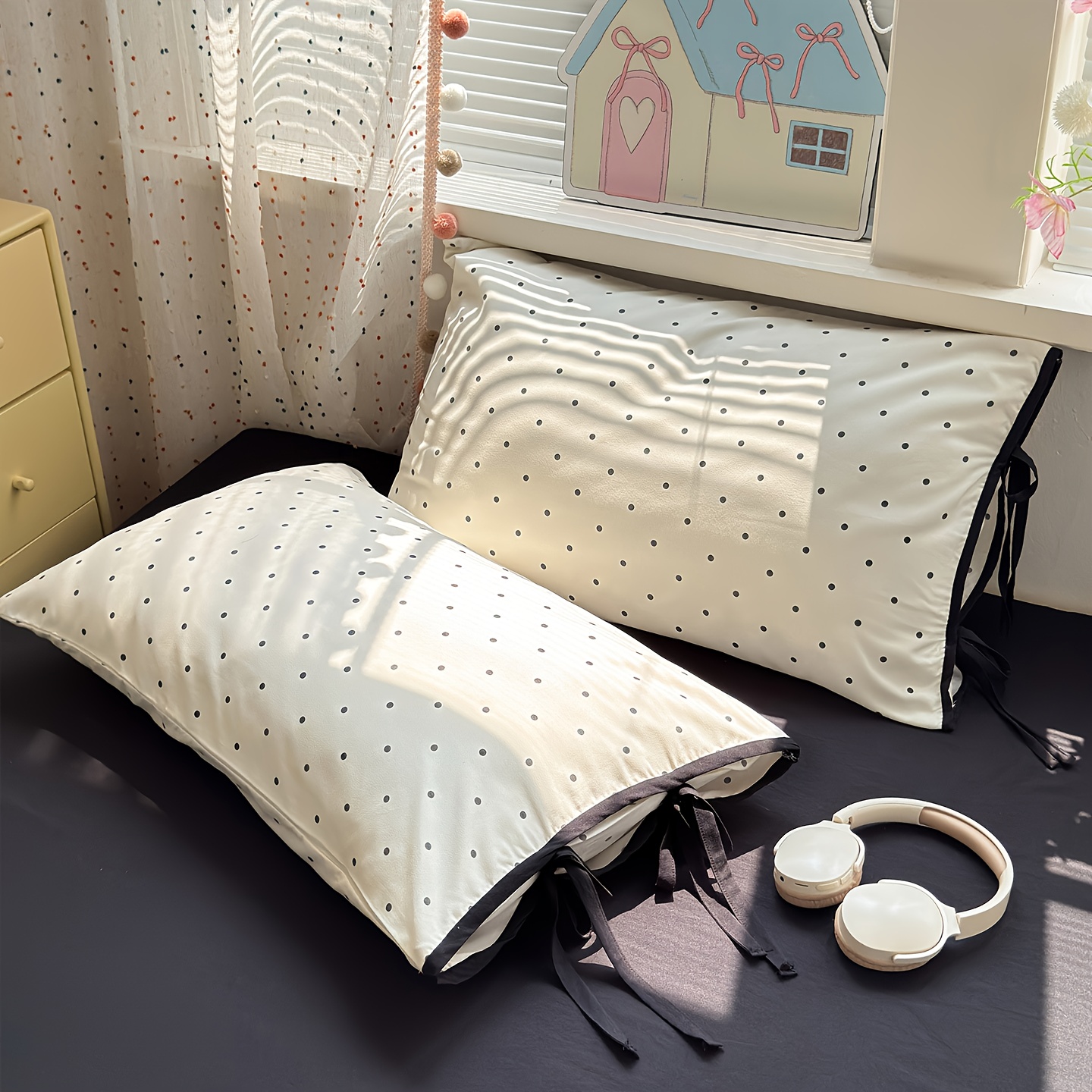 TEMU 2 pièces, Paire de taies d'oreiller à nœud en ruban coloré, , Beauté de chambre, Ornement à pois, Doux et délicat, Doux pour et confortable,