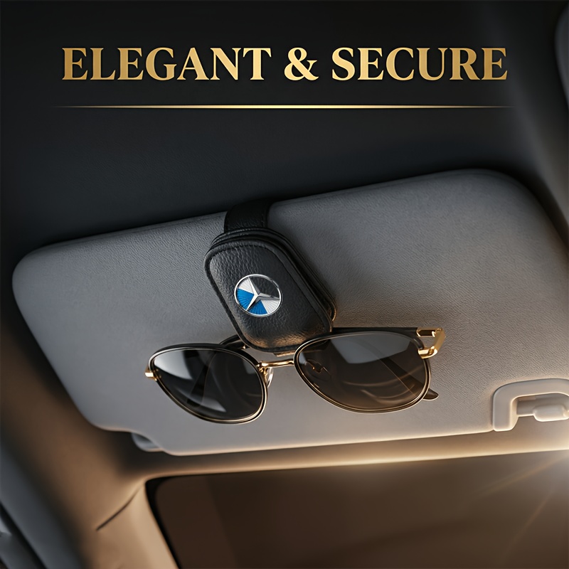 TEMU 1pc For Mercedes-benz Logo 2d Printing Car Glasses Clip Sun Visor Fashion Glasses Clip Made Of Pu Material Multi-functional Card Storage Clip