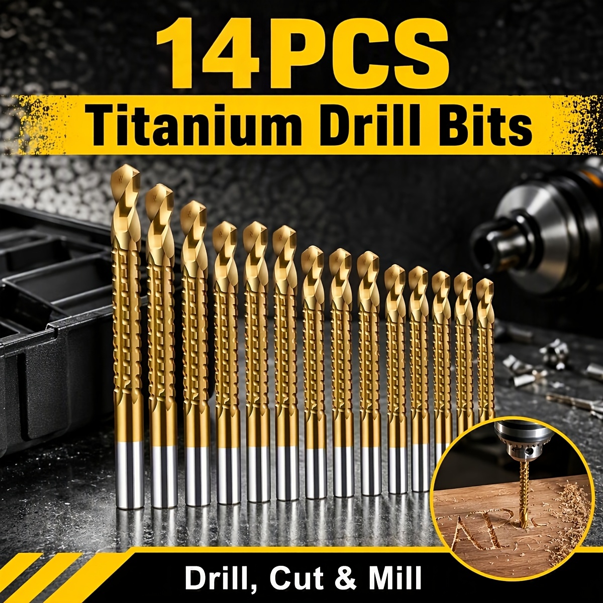 TEMU 14pcs -coated Serrated Drill Bits - A Versatile Tool For Drilling, Cutting, And Slot Milling, Specifically Designed For Use On Metal, Wood, And