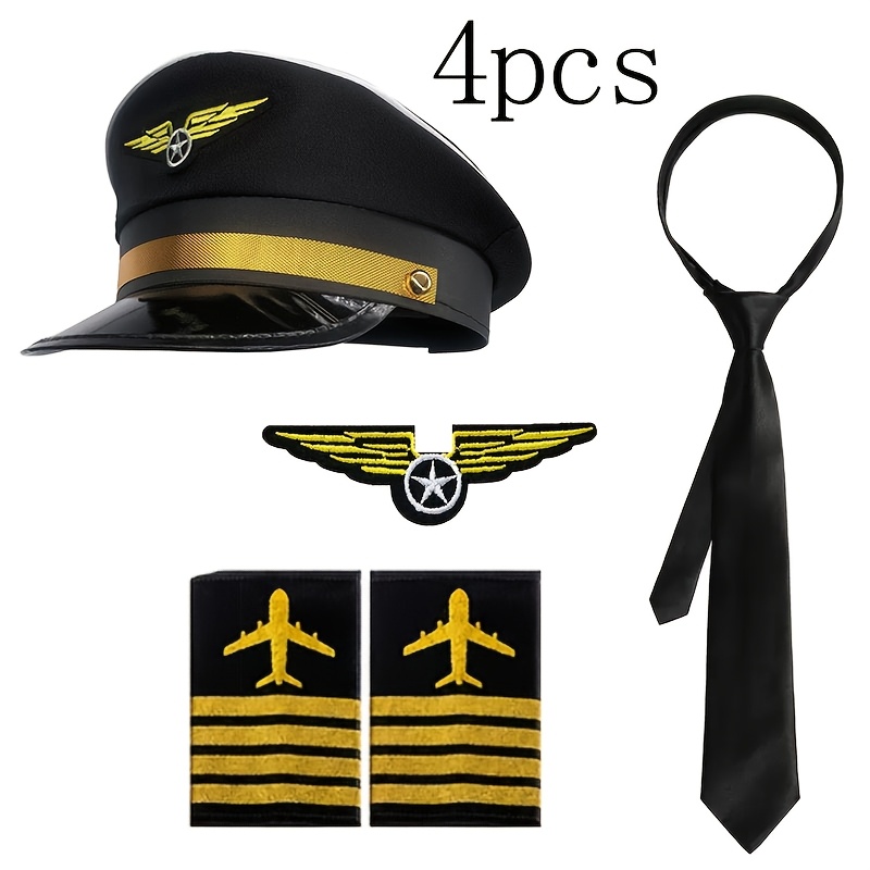 TEMU 4pcs Cosplay Captain Aviation Pilot Dress-up Men's Additions Set, Including Pilot Hat, Tie, Badge, Black Pilot Additions, Suitable For Carnival