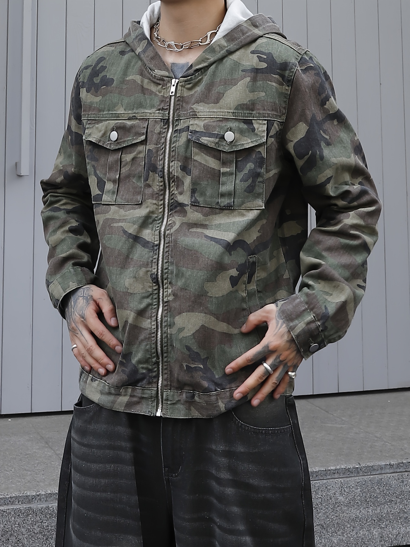 Herren Tarnjacke mit Kapuze und Kunst-Denim-Optik