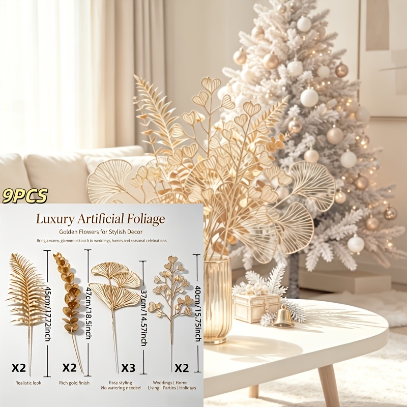 TEMU Lot de 9 artificielles de styles variés, comprenant une combinaison de feuilles d'eucalyptus, de feuilles de ginkgo, de feuilles de cœur et de