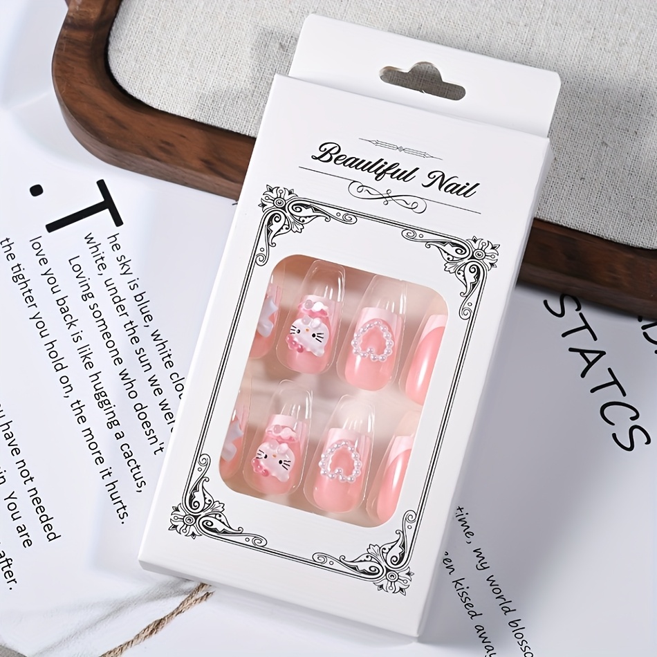 24pcs Hellokitty Medium Square Fake Nails,elegant Pink White French Tips Press On Nails With Bow Accessories,sweet False Nails For Women,includes 1 Jelly Glue And A Nail File