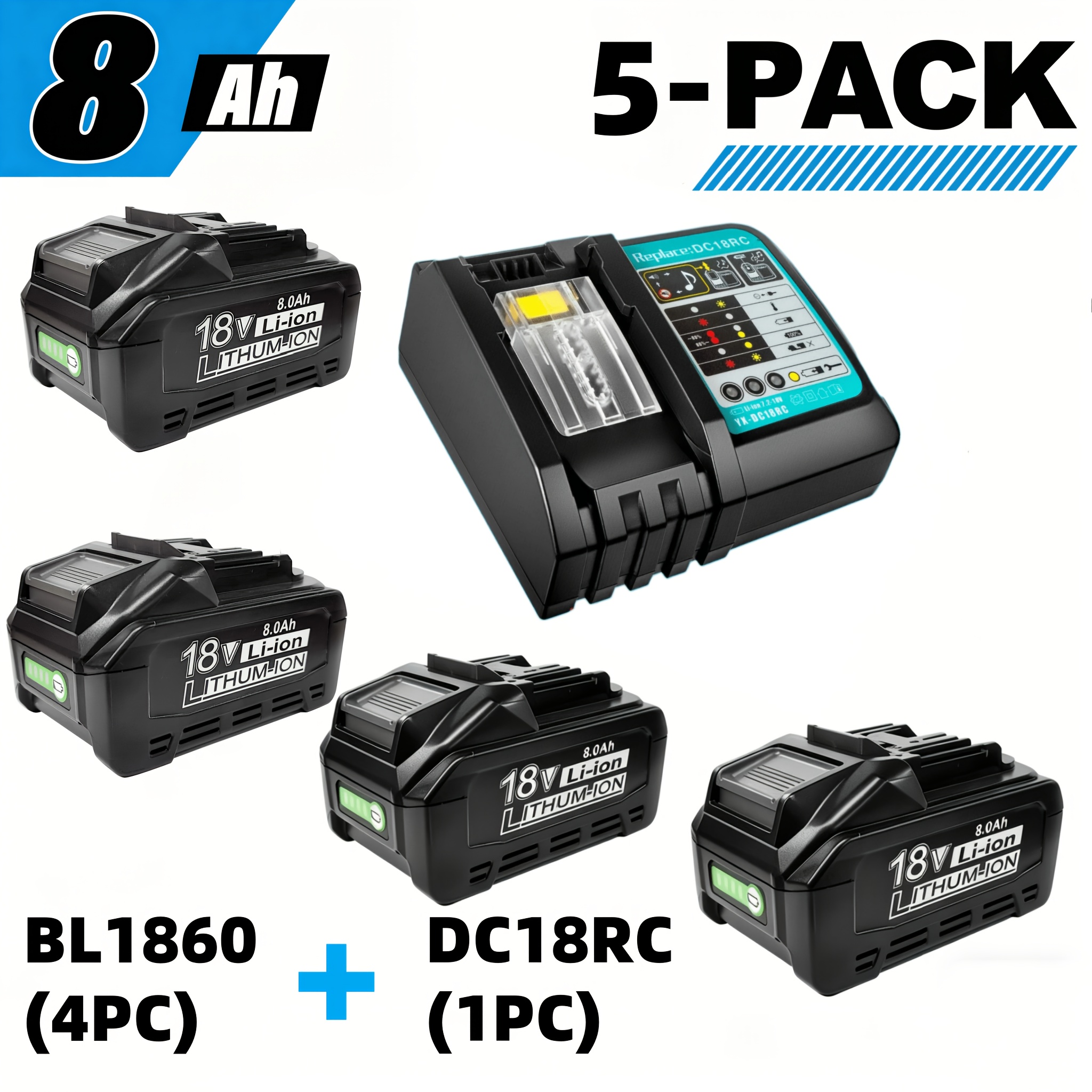 Image of 1/2/4 Battery + 1 Charger Kit, 8.0ah 18v Li- Replacement For Bl1860, Compatible With 18v Cordless Power Tools, Rechargeable Battery Pack With Led Indicator