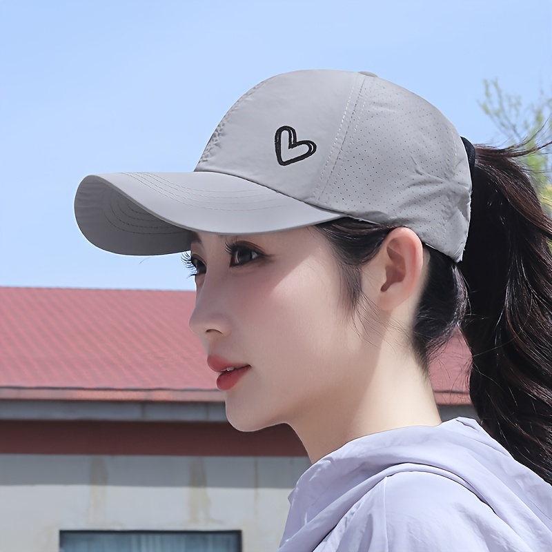1pc Of Small Heart Embroidered Baseball Cap - Adjustable Strap, -cross High Ponytail Tie At The Back - Breathable Panels, In White/black/grey/pink, Suitable For Golf, Outdoor Sports And Casual Wear