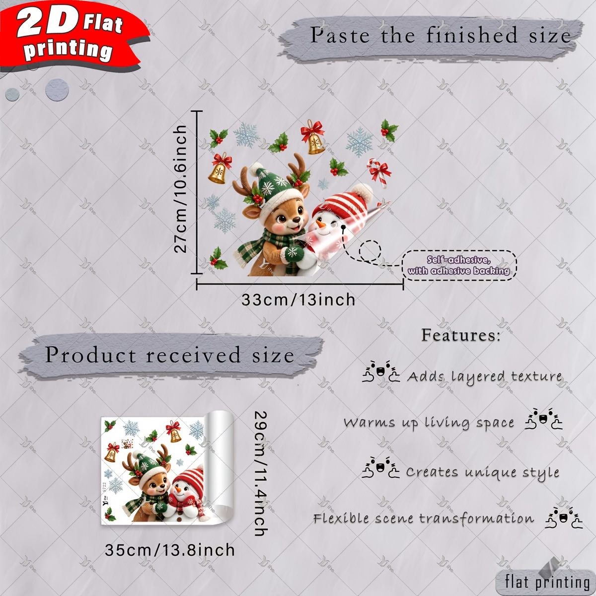 TEMU 2d Flat - 2d Flat - 1pc 2d Flat Printed Christmas Deer Snowman Holly Bell Candy Cane Snowflake 30*35cm Window Clings, Self-adhesive Removable