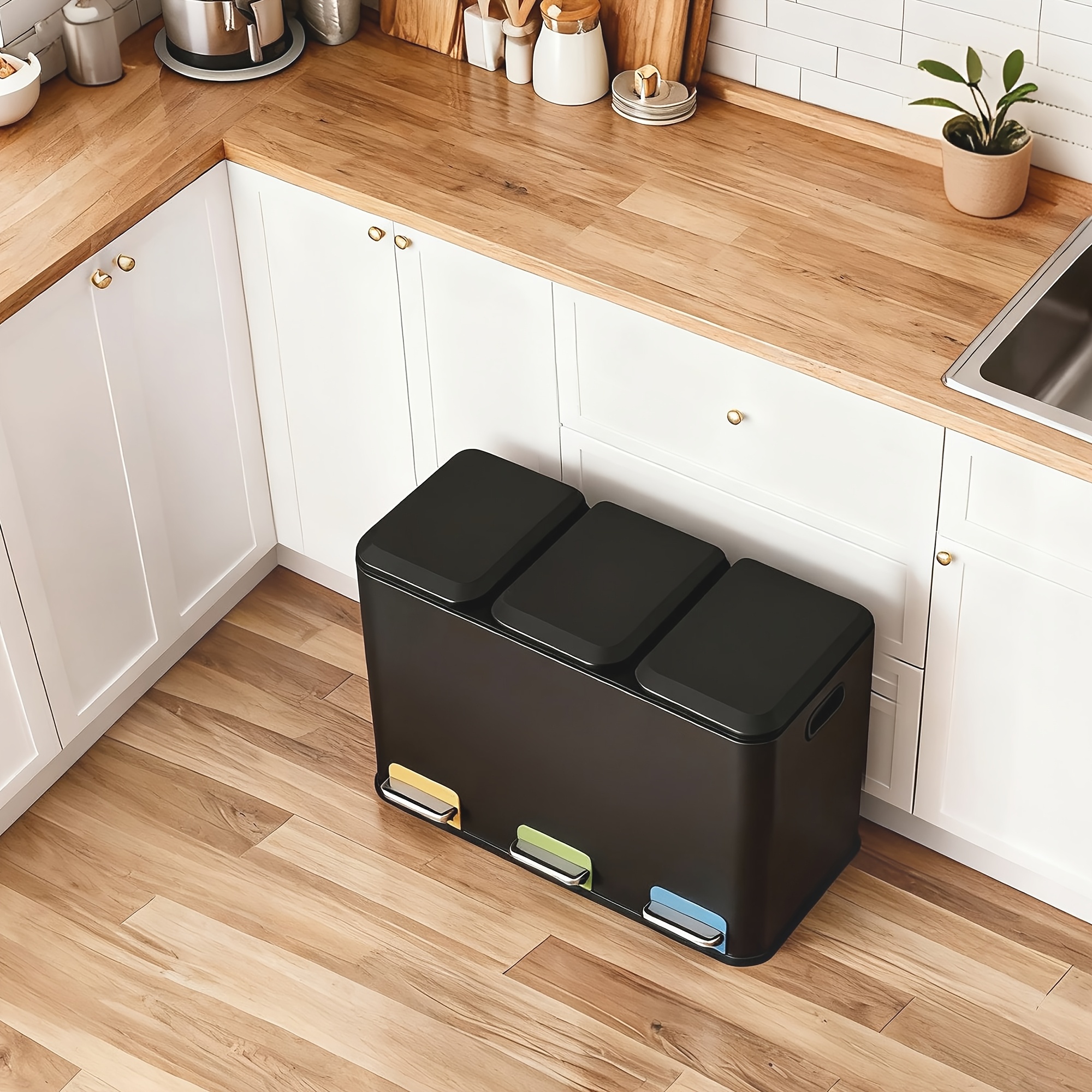 Heavy-duty Steel/plastic Pedal Trash Can With 3 X 15l Compartments & Lid - Heavy-footoperation Waste Separator Bin, Office, - Operation, Multi-waste Sorting (/wet/dry)