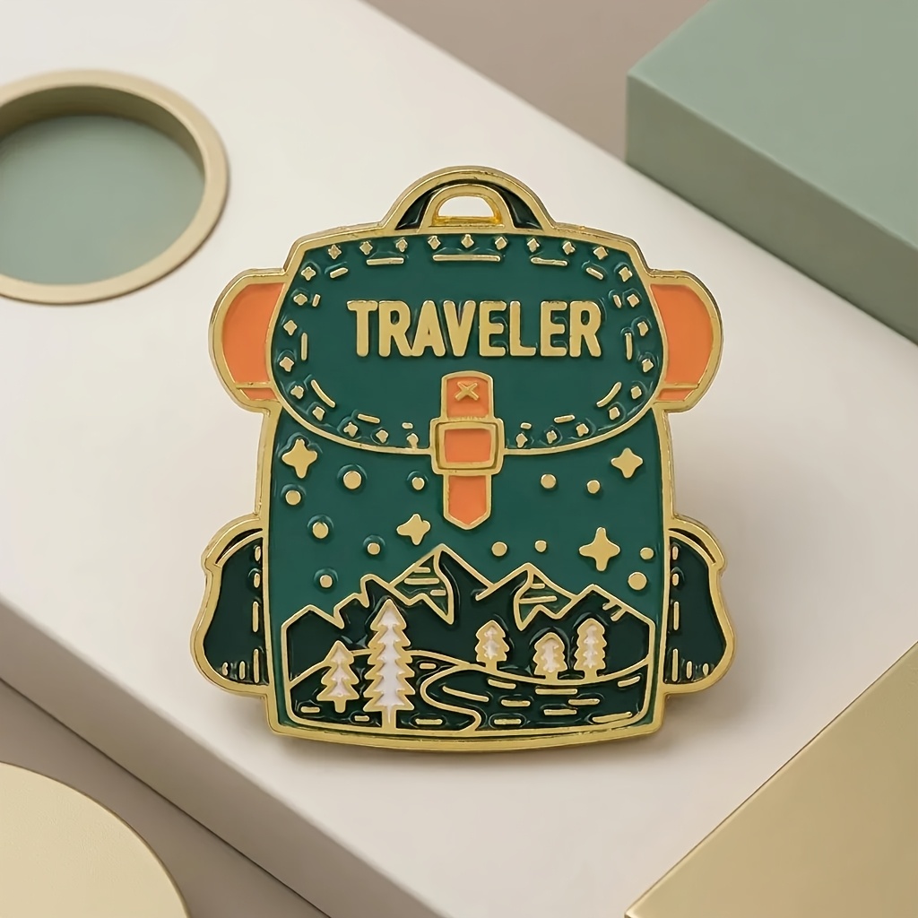 TEMU Broche Sac à dos de , Insigne en métal émaillé artisanal, Épingle à motif de montagne, forêt et ciel étoilé, Accessoire de création au design