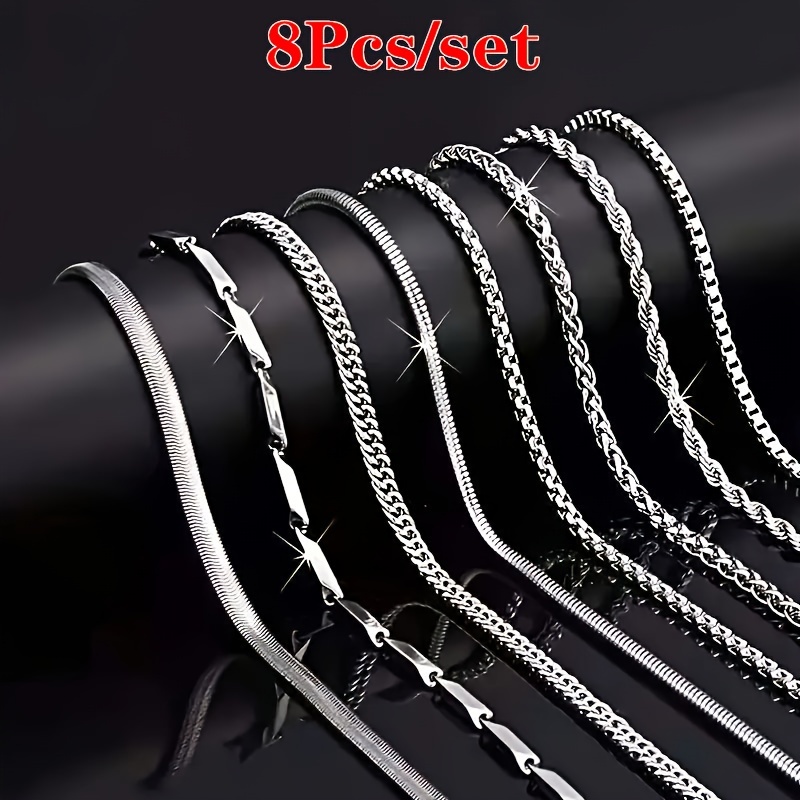 

8-piece Mens Stainless Steel Necklace Set -stylish & Durableaccessories For Casual Wear - Hypoallergenic, Ldeal Gift For Trendsetters