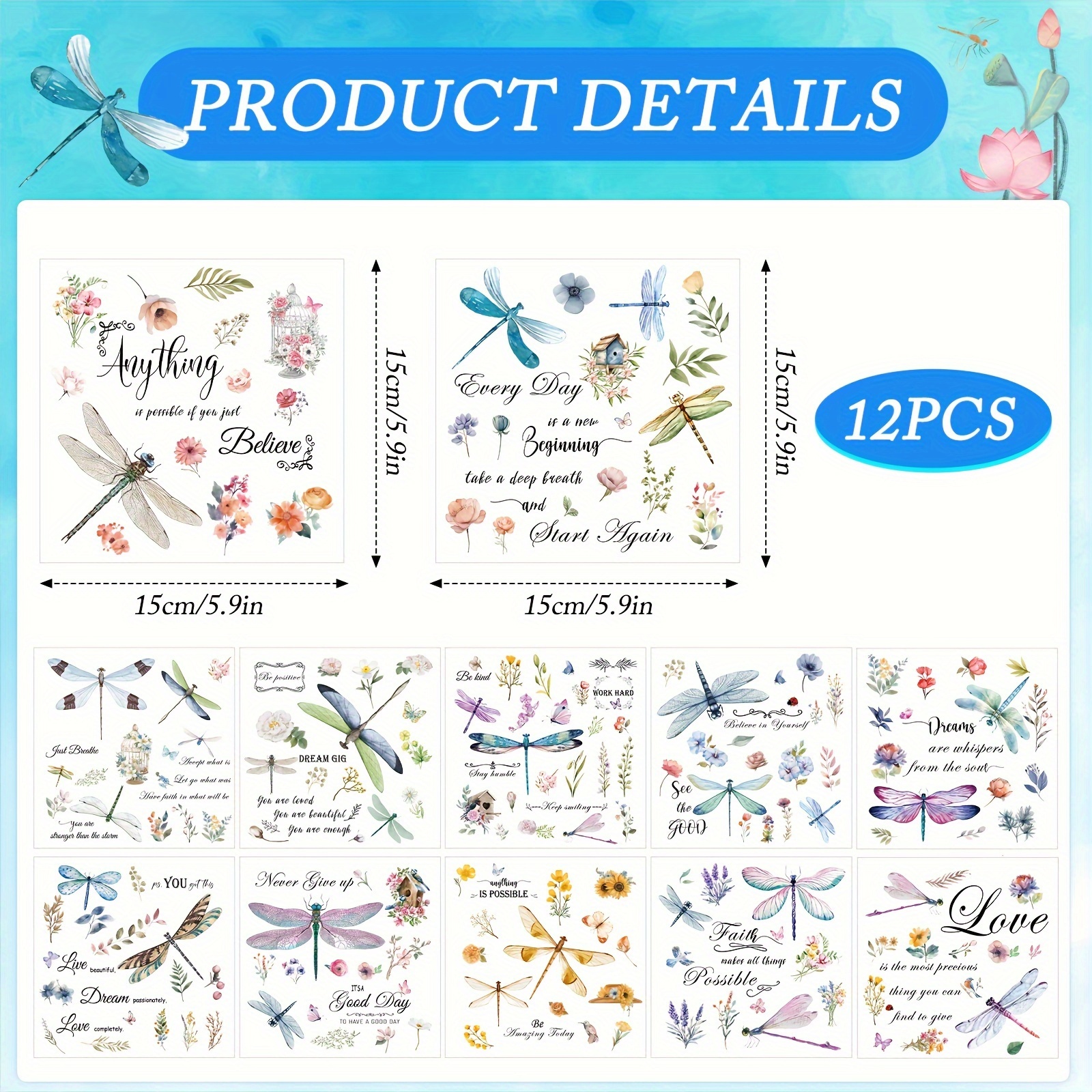 Image of 12 Sheets Of Dragonfly Rub-on Transfers For Crafting - Inspirational Words For Furniture, Featuring Flower, , And Leaf Designs For Wood Wall Stickers And Home Decor