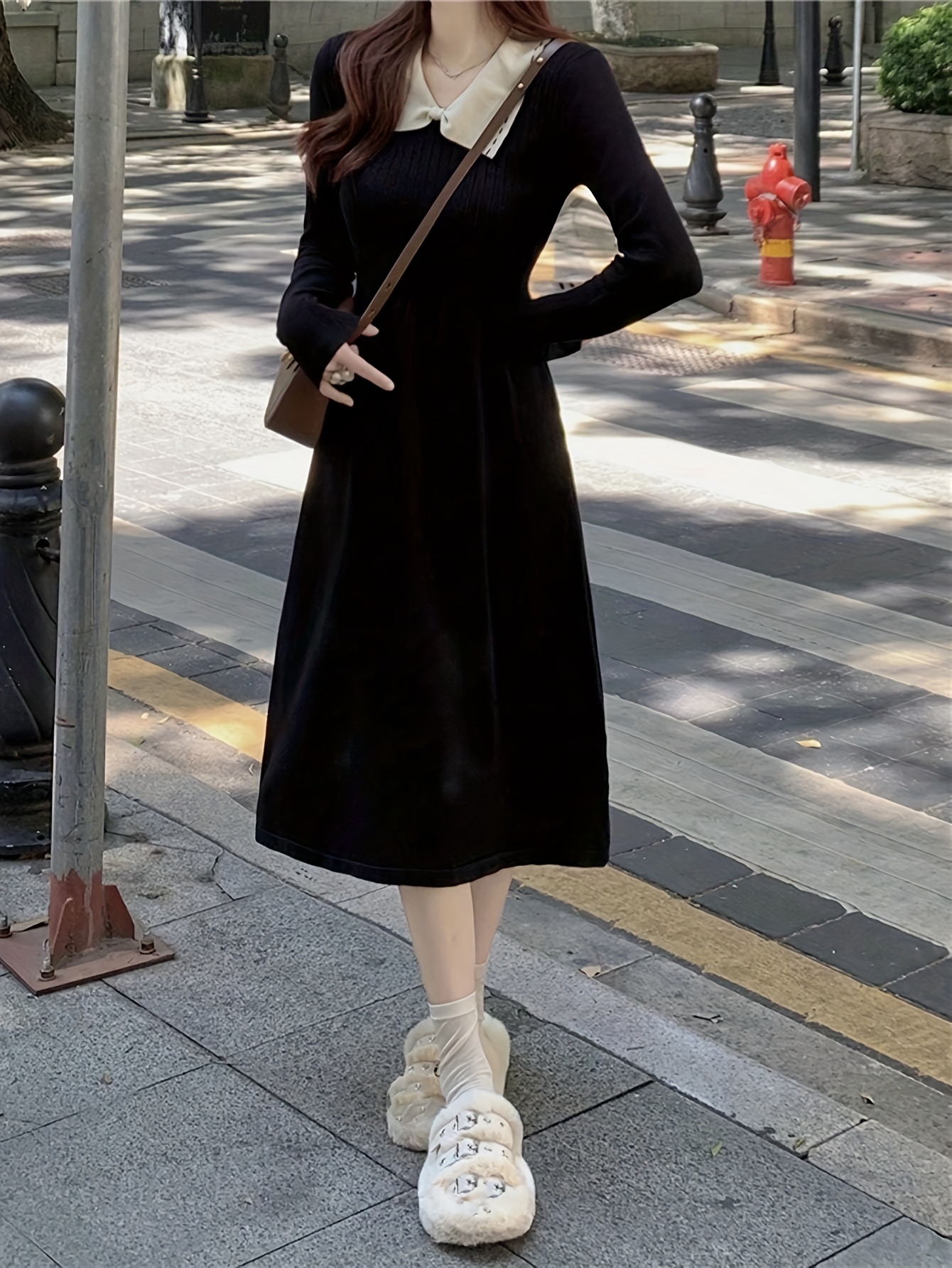 blue dress for baby girl Korean Style] A-line Long Sleeve Knitted One Piece Black Dress – Ordicle