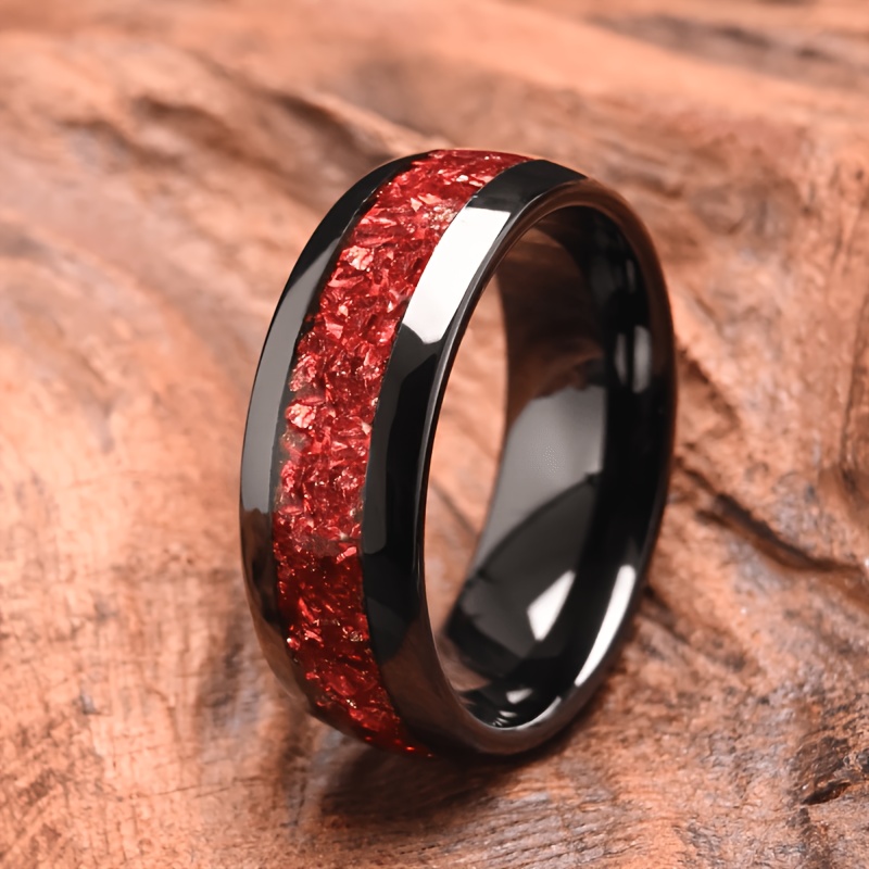 E-shop Schwarzer 201 Edelstahl Ring mit rotem Opal - Moderner Ehering, Verlobungsgeschenk, Valentinstag, Muttertag Schmuck, Freizeitkleidung, Einfacher
