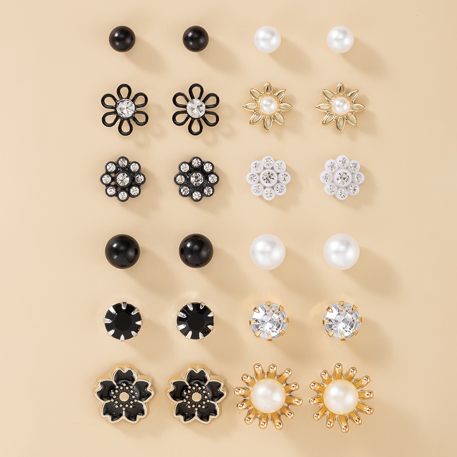 

A Set Of 12 Pairs Of Stylish, Exquisite, Unique, Cute, Fresh, And Elegant Floral Pearl And Rhinestone Stud Earrings, Perfect As A Holiday Gift For Women's Wear.