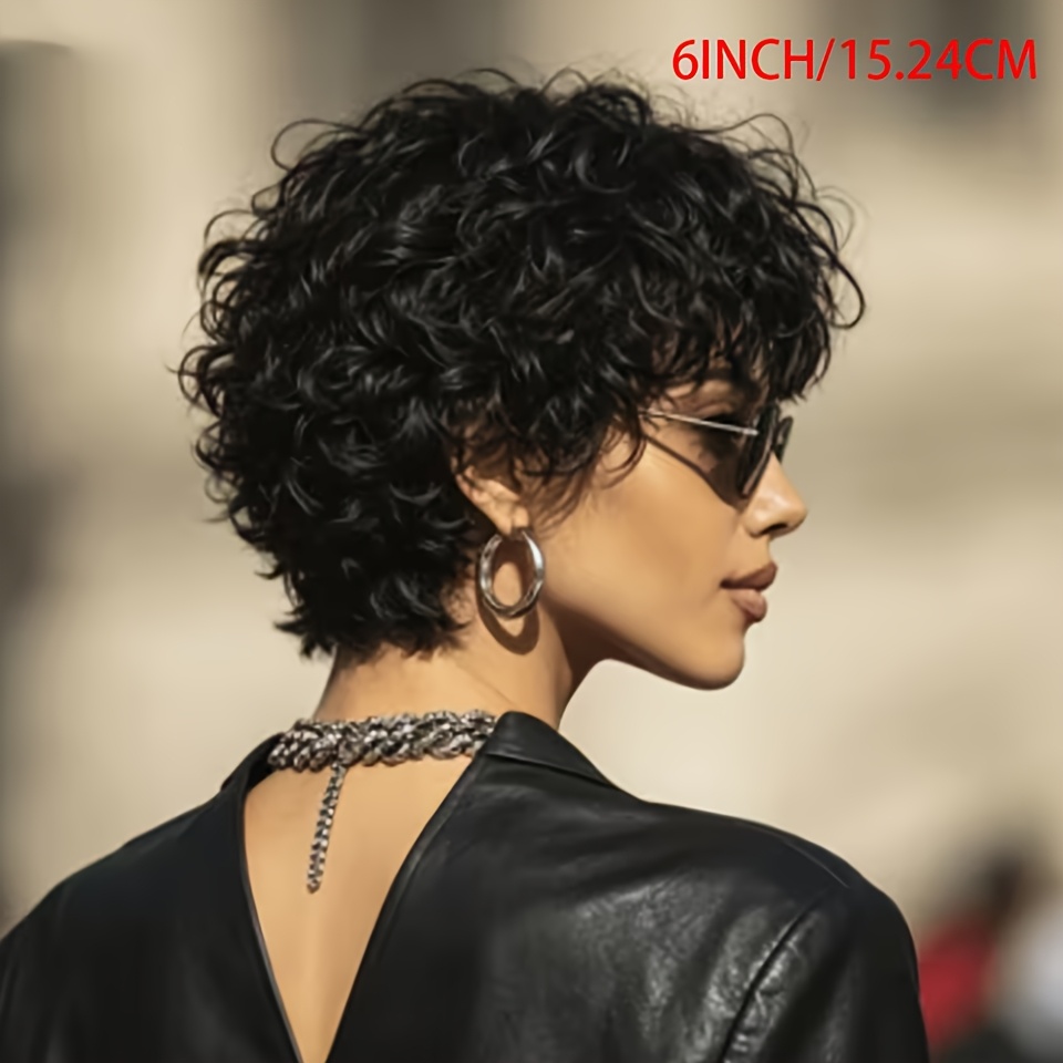 Image of Opqhair Short Human Hair Wigs For Women, Black Curly Wig, Natural Wavy Black Cut Wig, Short Hair Wig