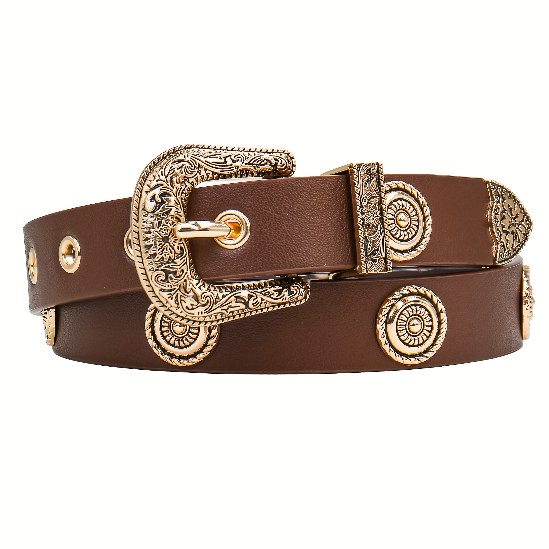 E-shop LCG Damen-Western-Punk-Gürtel mit Nieten - Schwarz mit goldenen Metallnieten, Zierlicher metallischer Schnalle, Standardgröße für Kleider, Hosen