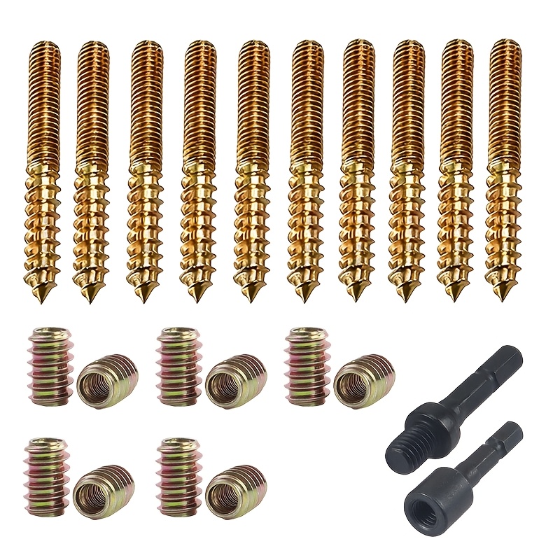 20pcs (10 Sets) M6 Eye Sockets, Double-ended Wood Screws, Full-threaded Spindles, Threaded Embedded Nuts, Including Screws And Nuts, With Hex Shank Bit For Installation