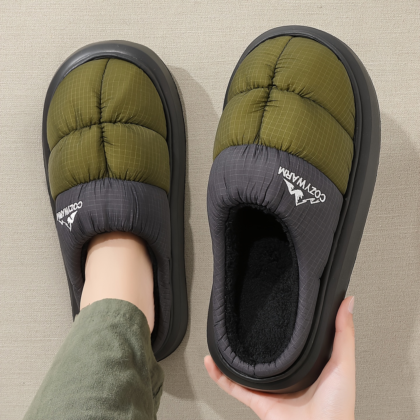 TEMU Men'-resistant And Warm Winter Slippers, Couples' Fashionable Versatile Outdoor Slippers, Thick-soled Plush-lined Outdoor Furry Shoes, Easy