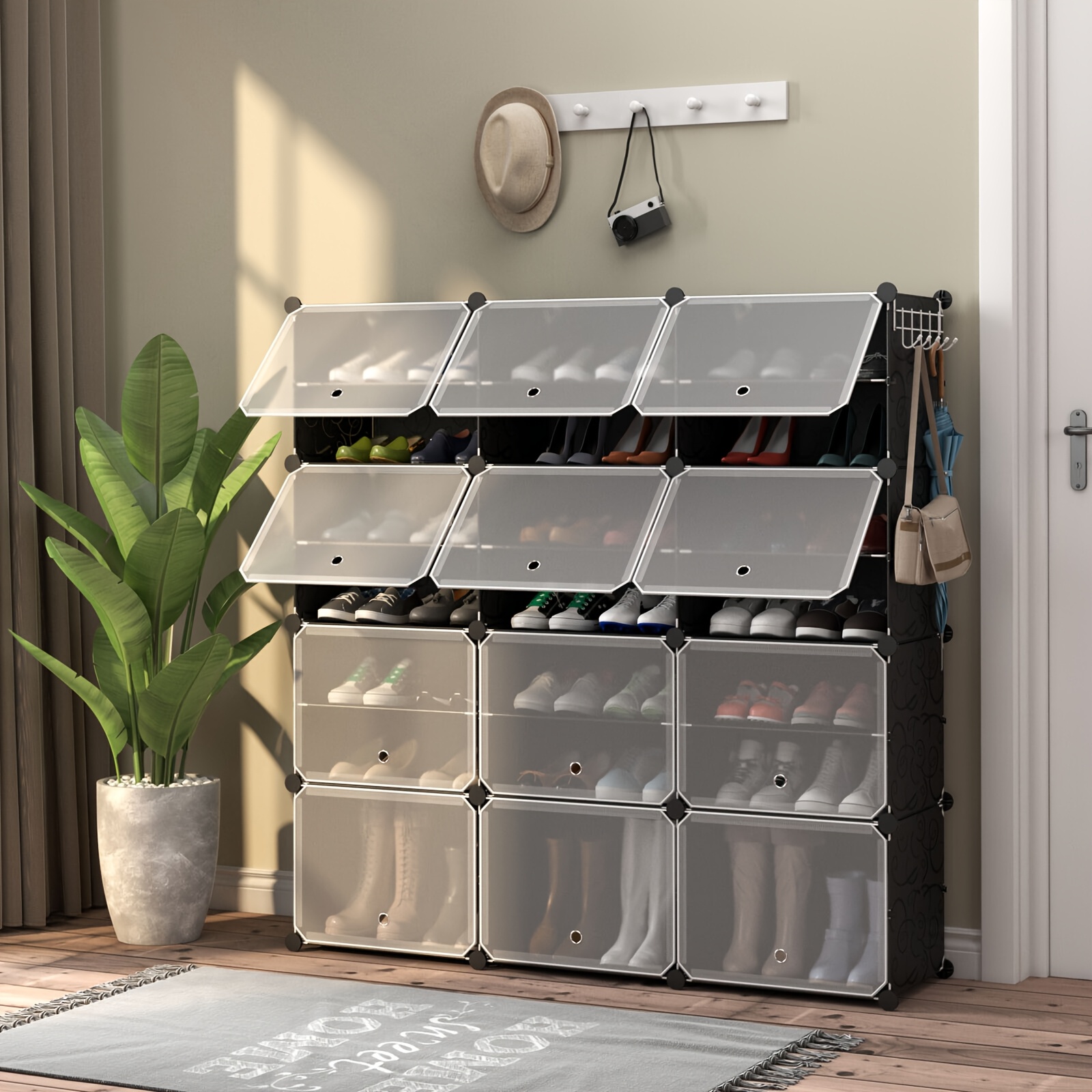 TEMU Étagères à chaussures portables LIFEZEAL, 48 paires, de rangement à 12 cubes avec étagère amovible, 5 crochets suspendus et 12 portes