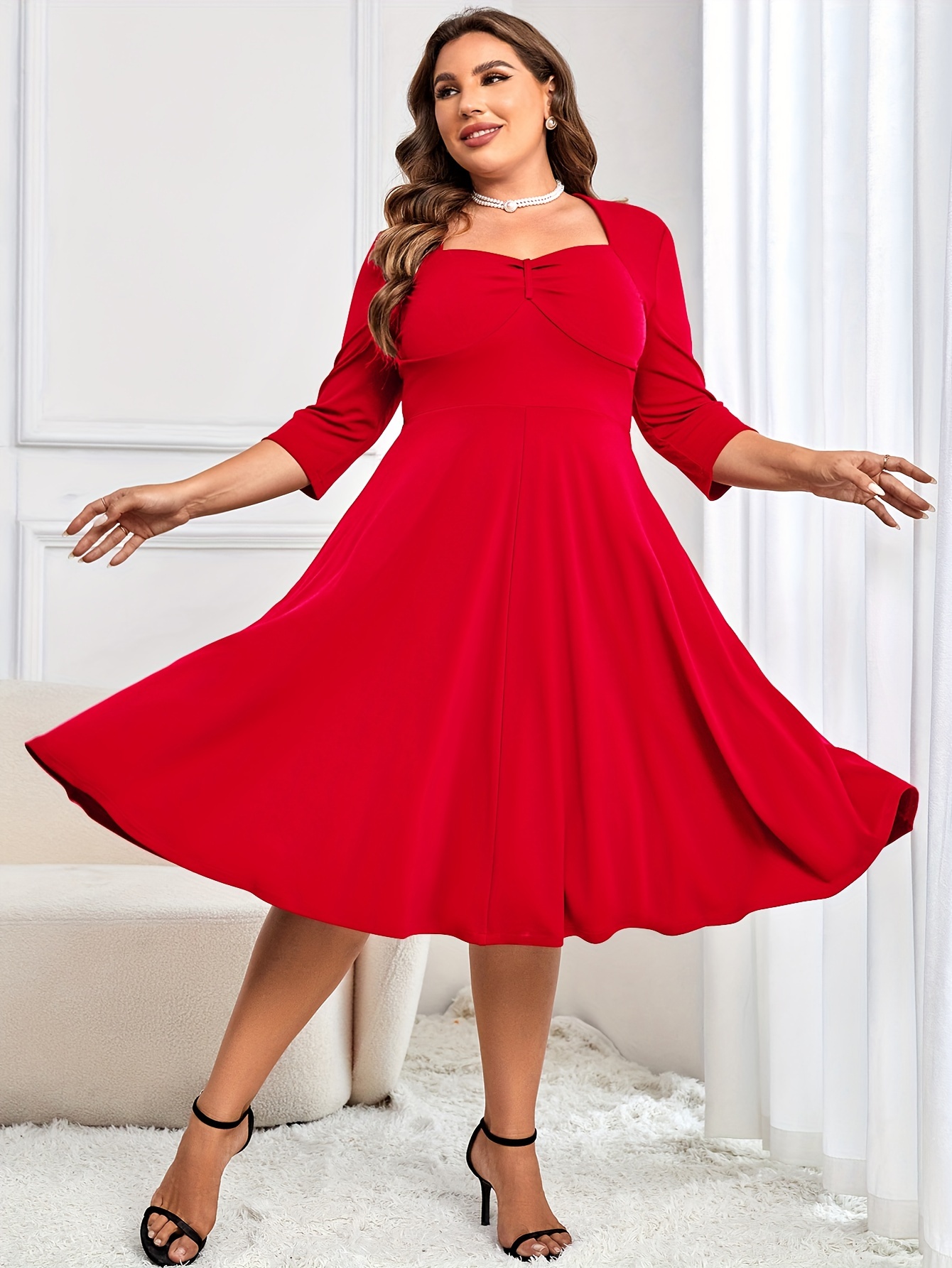 elegant plus size midi dress vintage 1950 neck a Temu