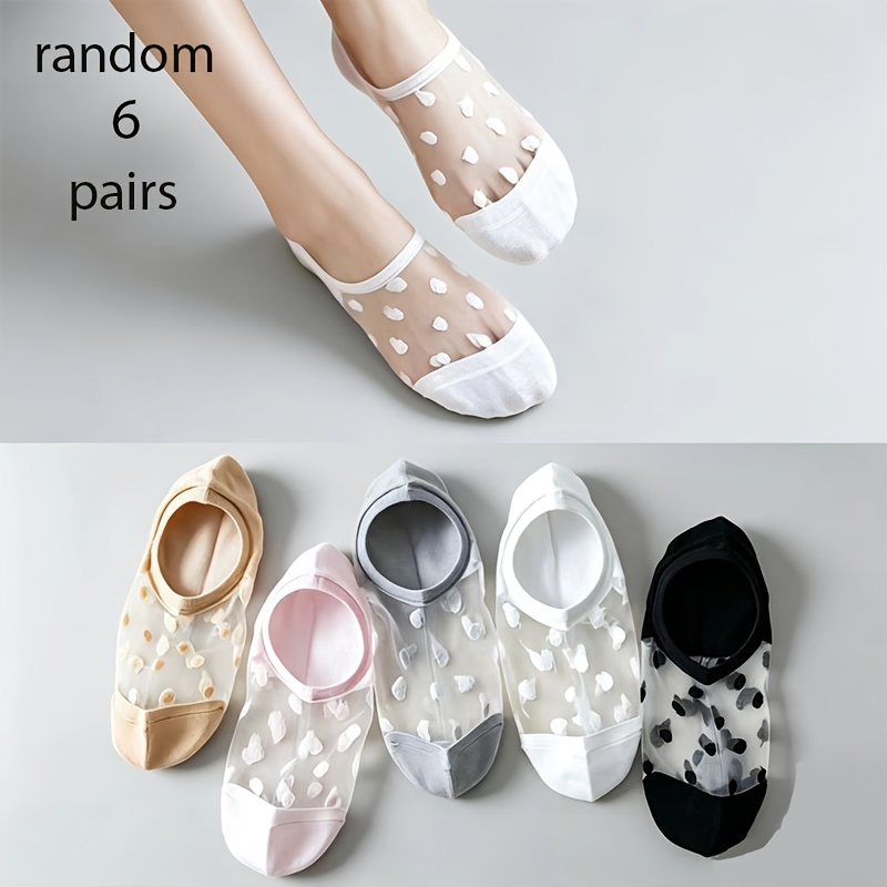 TEMU Random 6-pair Women's Spring/summer Thin Dot Pattern Glass Boat Socks, Cute , Comfortable And Breathable Everyday Versatile Socks