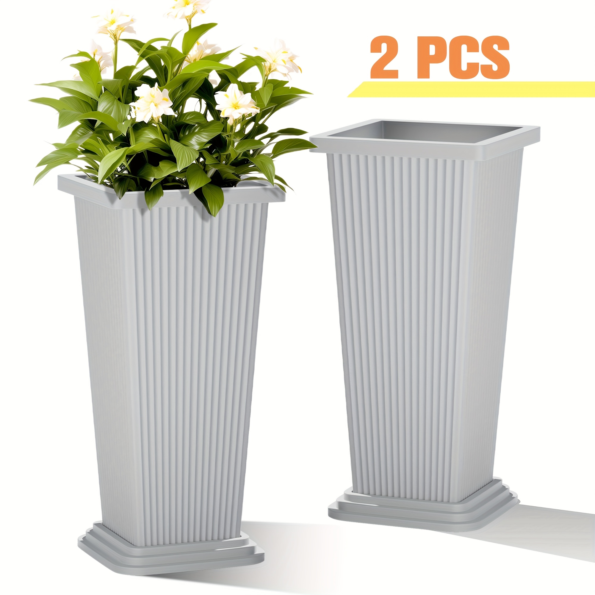 

2pcs Planters For Indoor And Outdoor Use, 24" Tall Large Tapered Flower Pots With Drainage Holes And Trays, Ideal For Home Garden Patio And Deck Decor, White