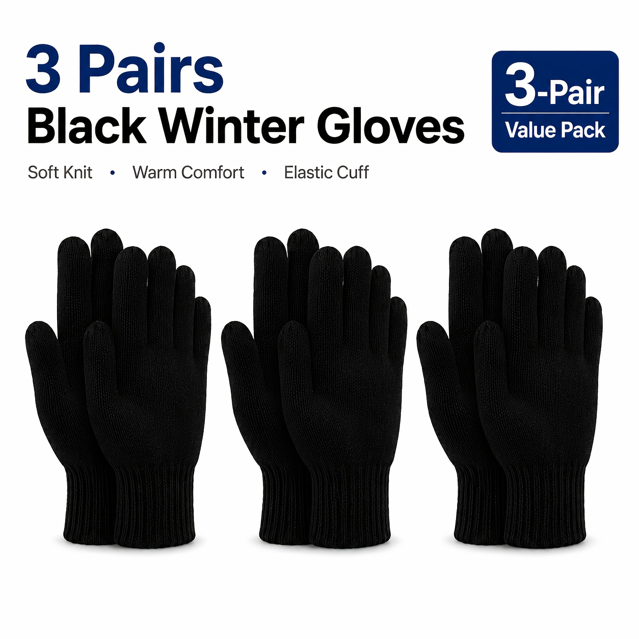 TEMU 3 Pairs Black Winter Gloves, Soft Warm Fits Most Men Women, Flexible Stretch Cuff, Everyday Cold Weather For Car Driving, Work , Outdoor ,