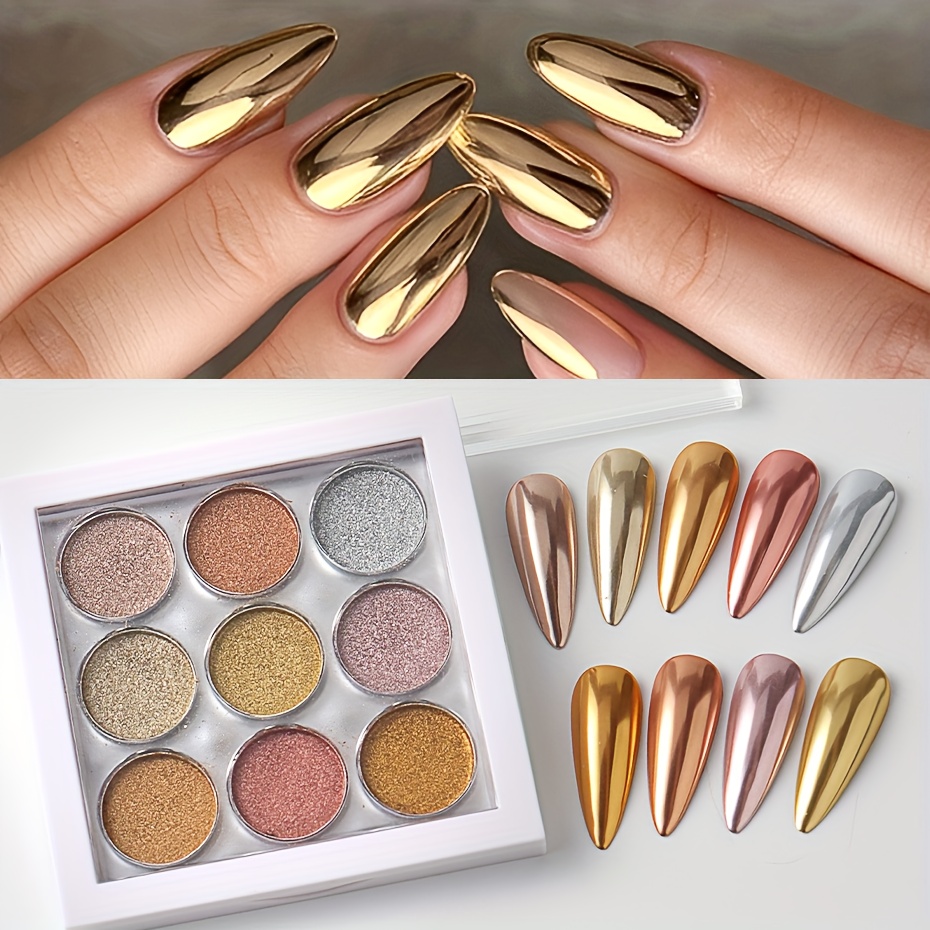 9 Solid Color Chrome Nail Powders with Sponge Applicators