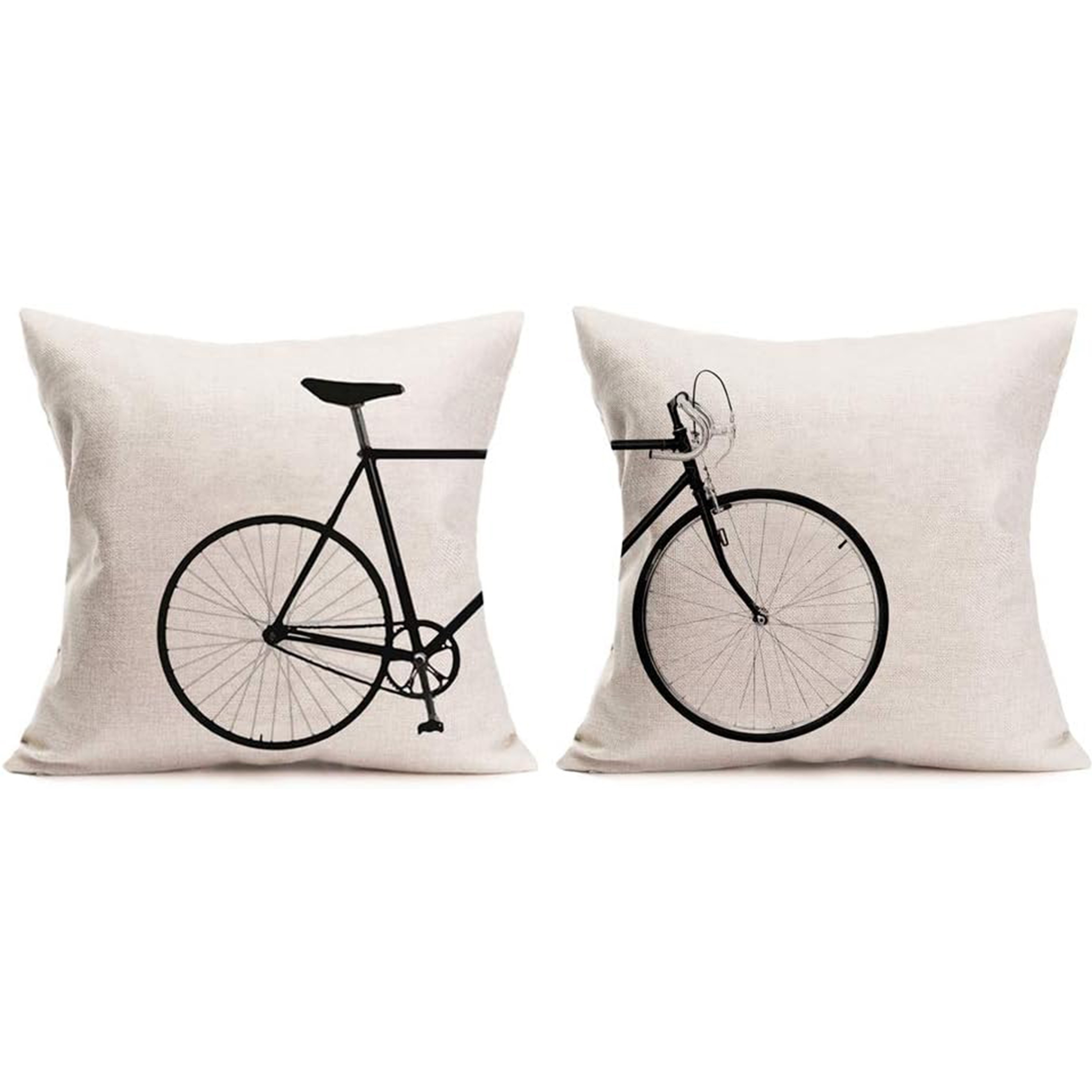 

2-pack Contemporary Linen Throw Pillow Covers With Zipper Closure - Machine Washable 100% Linen Cushion Covers With Vintage Bicycle Print For Home Decor, Fits Room Types